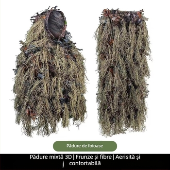 Costum ghillie 3D pentru junglă, cu frunze și blană, pentru vânătoare în aer liber