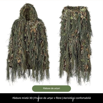 Costum ghillie 3D pentru junglă, cu frunze și blană, pentru vânătoare în aer liber