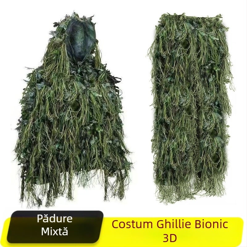 Costum ghillie 3D pentru junglă, cu frunze și blană, pentru vânătoare în aer liber