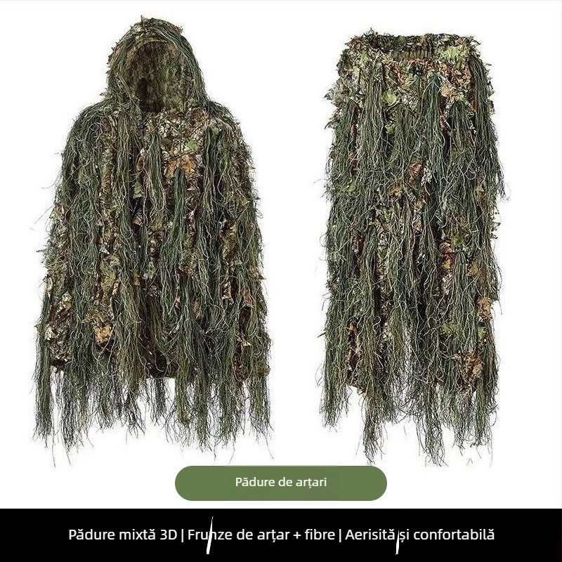 Costum ghillie 3D pentru junglă, cu frunze și blană, pentru vânătoare în aer liber
