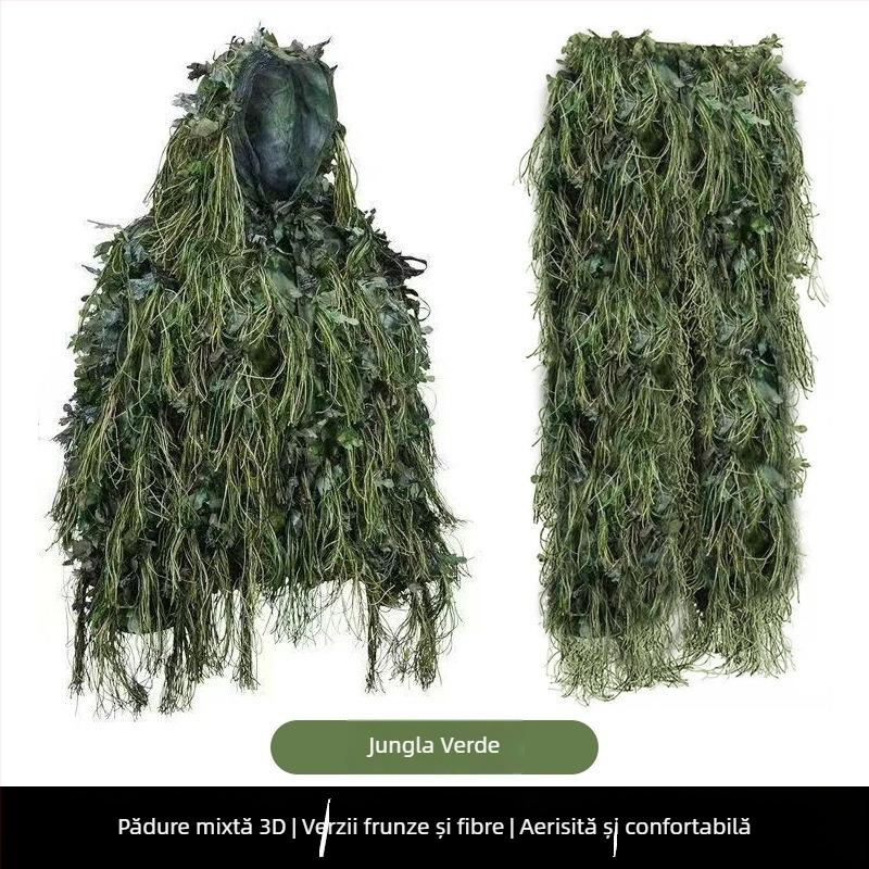 Costum ghillie 3D pentru junglă, cu frunze și blană, pentru vânătoare în aer liber