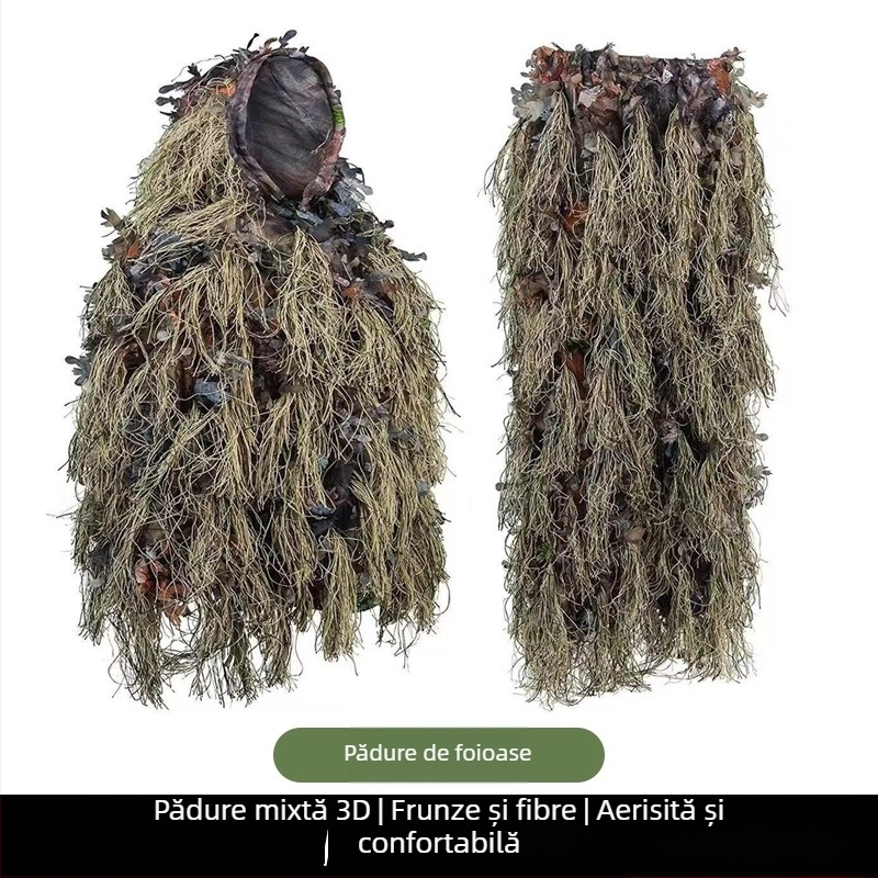 Costum ghillie 3D pentru junglă, cu frunze și blană, pentru vânătoare în aer liber