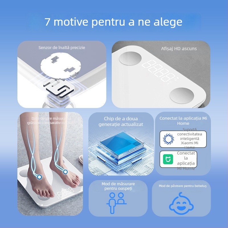 Cântar corporal cu Bluetooth, reîncărcabil, 4 senzori de precizie înaltă, măsoară grăsimea corporală și apa corpului, interval de măsurare 0,2–180 kg