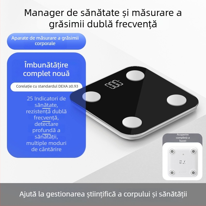 Cântar corporal cu Bluetooth, reîncărcabil, 4 senzori de precizie înaltă, măsoară grăsimea corporală și apa corpului, interval de măsurare 0,2–180 kg