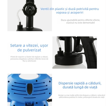 Pistol electric de vopsire, portabil, cu presiune înaltă, ușor, personalizabil la standardele UE/ SUA; 650W, presiune maximă 1 MPa, debit maxim 800 ml/min, distanță optimă de pulverizare 300 mm, greutate 1,8 kg