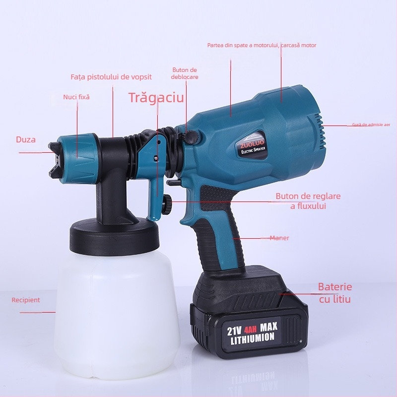 Zorro pulverizator electric cu 21V Li-ion pentru vopsea latex, portabil pentru uz casnic — pistol de pulverizare pentru pereți și suprafețe auto