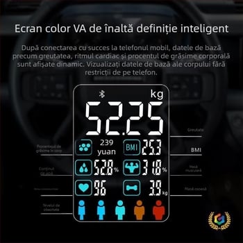 Cântar pentru grăsime corporală cu Bluetooth, aplicație iOS, 4 senzori de înaltă precizie, interval 0,3–180 kg, Sticlă întărită