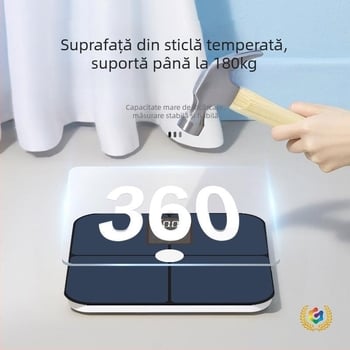 Cântar pentru grăsime corporală cu Bluetooth, aplicație iOS, 4 senzori de înaltă precizie, interval 0,3–180 kg, Sticlă întărită