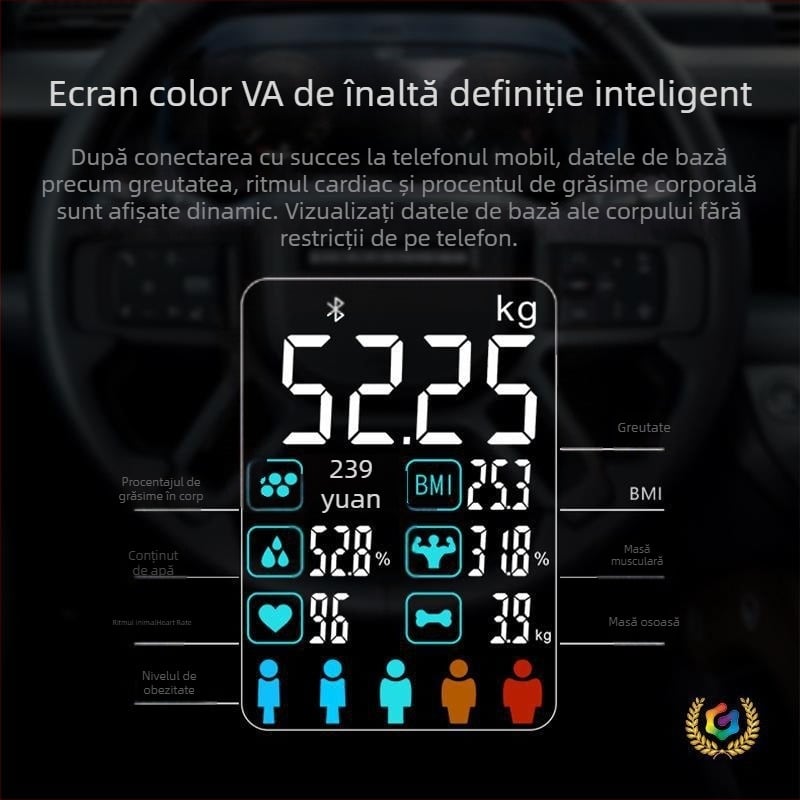 Cântar pentru grăsime corporală cu Bluetooth, aplicație iOS, 4 senzori de înaltă precizie, interval 0,3–180 kg, Sticlă întărită