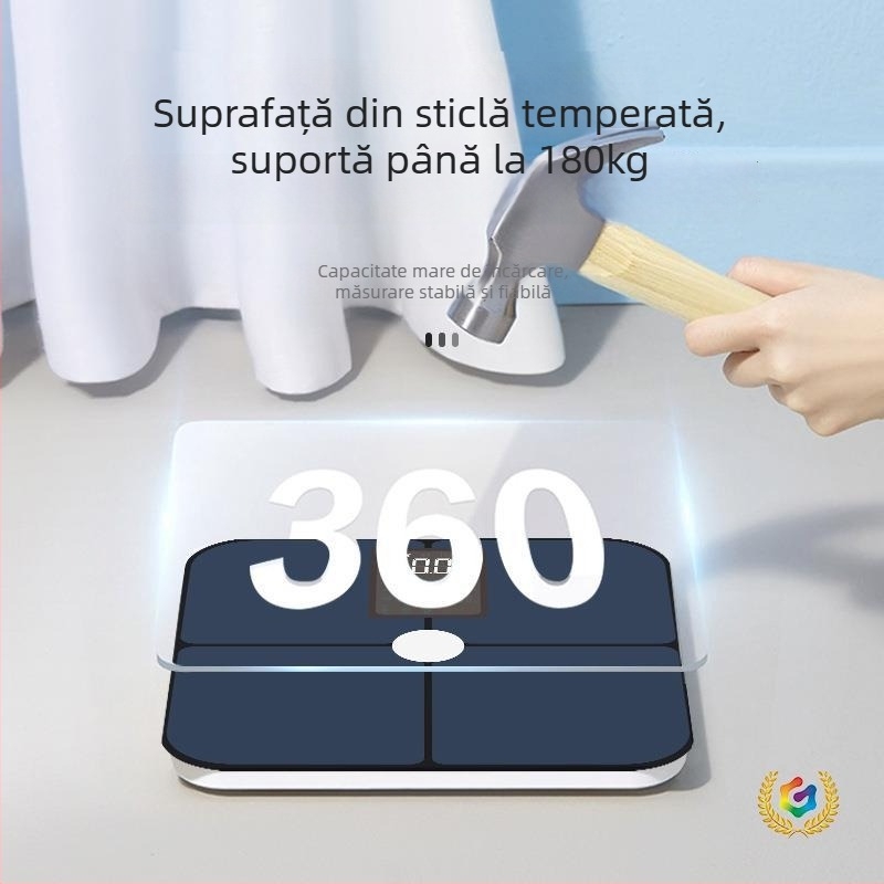 Cântar pentru grăsime corporală cu Bluetooth, aplicație iOS, 4 senzori de înaltă precizie, interval 0,3–180 kg, Sticlă întărită
