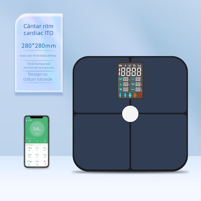 Cântar pentru grăsime corporală cu Bluetooth, aplicație iOS, 4 senzori de înaltă precizie, interval 0,3–180 kg, Sticlă întărită