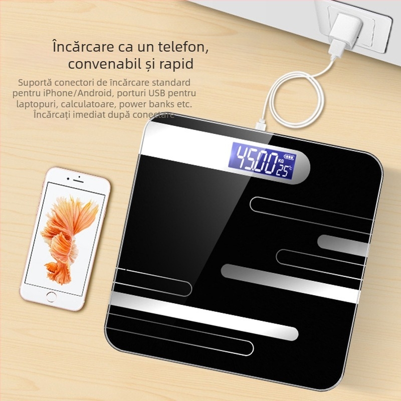 Huajian Technology Cântar pentru greutate corporală – Cântar digital de uz casnic, cu măsurare a grăsimii corporale, Reîncărcabil, Model 000