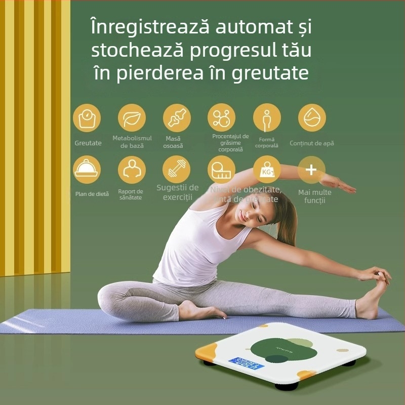 Cântar pentru grăsime corporală cu conectivitate Bluetooth și încărcare USB, capacitate maximă 180 kg, măsoară greutatea, grăsimea corporală, caloriile și umiditatea.