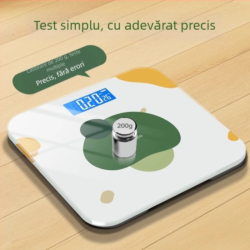 Cântar pentru grăsime corporală cu conectivitate Bluetooth și încărcare USB, capacitate maximă 180 kg, măsoară greutatea, grăsimea corporală, caloriile și umiditatea.