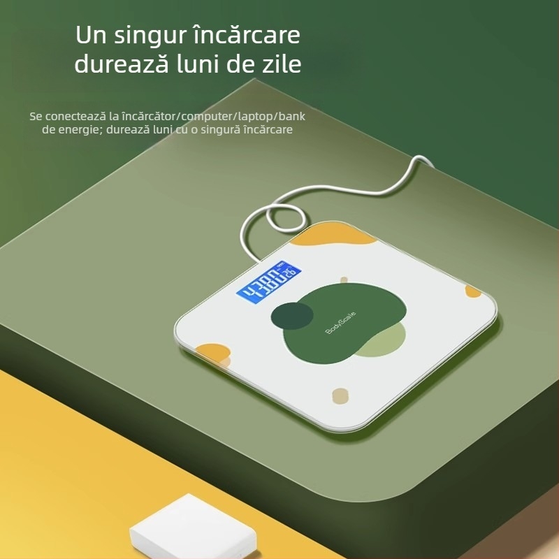 Cântar pentru grăsime corporală cu conectivitate Bluetooth și încărcare USB, capacitate maximă 180 kg, măsoară greutatea, grăsimea corporală, caloriile și umiditatea.