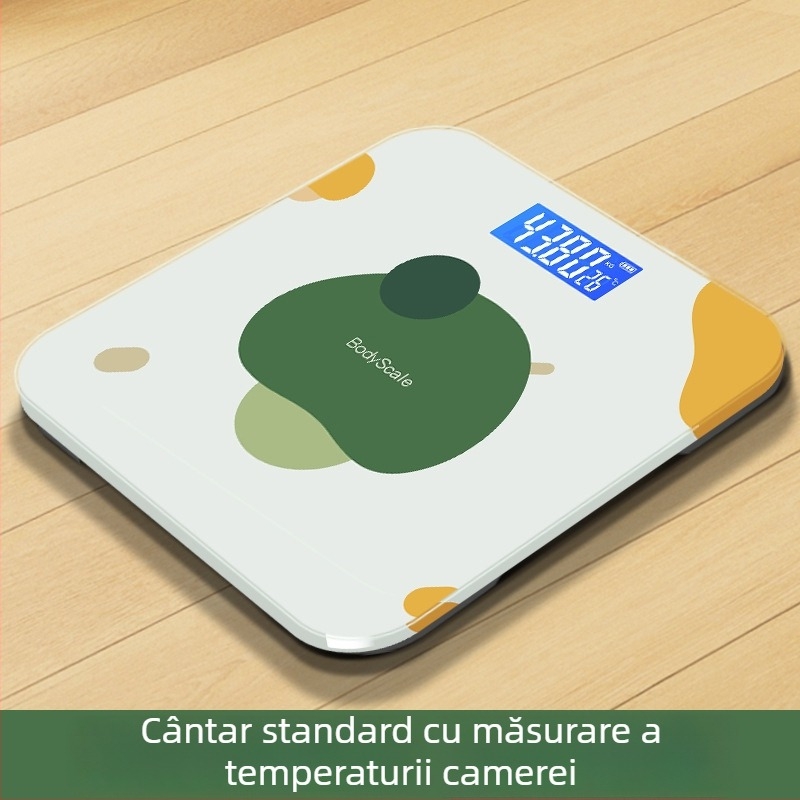 Cântar pentru grăsime corporală cu conectivitate Bluetooth și încărcare USB, capacitate maximă 180 kg, măsoară greutatea, grăsimea corporală, caloriile și umiditatea.