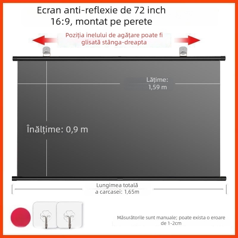 Ecran portabil anti-glare pentru proiector, cu montare pe perete fără găuri