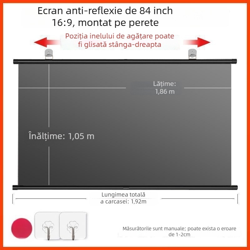Ecran portabil anti-glare pentru proiector, cu montare pe perete fără găuri