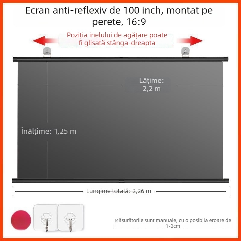 Ecran portabil anti-glare pentru proiector, cu montare pe perete fără găuri
