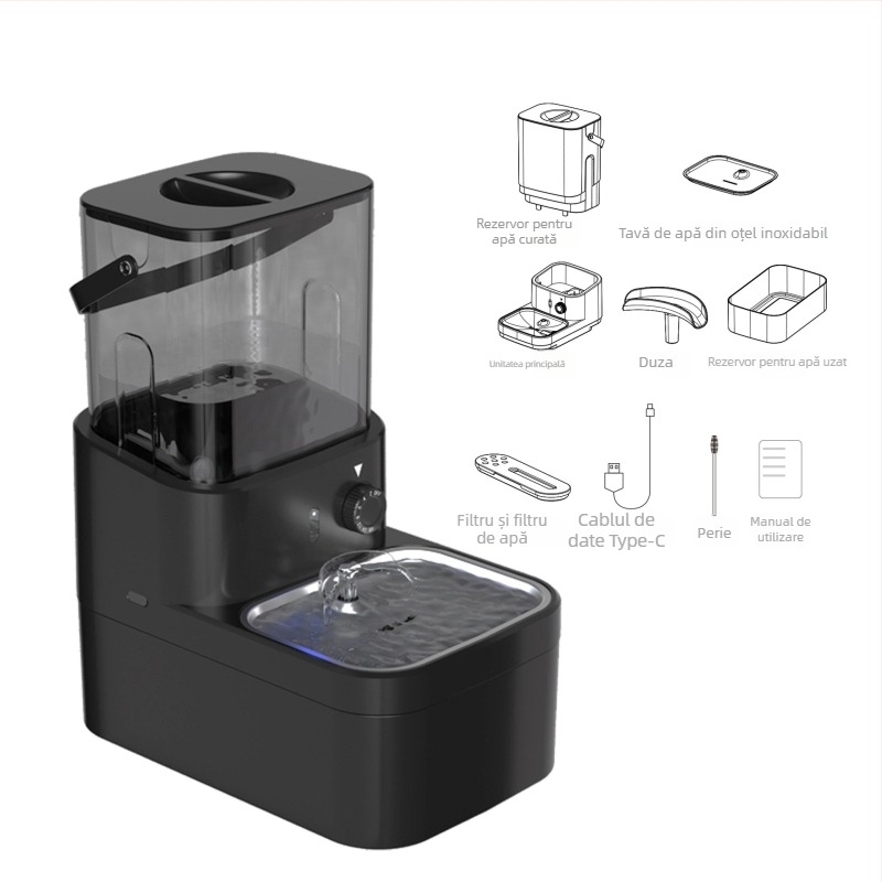 Dispozitiv de apă pentru animale Q1 — Separare a impurităților, Senzor radar wireless, Detașabil, Rezervoare apă curată 3 L / apă murdară 2,7 L