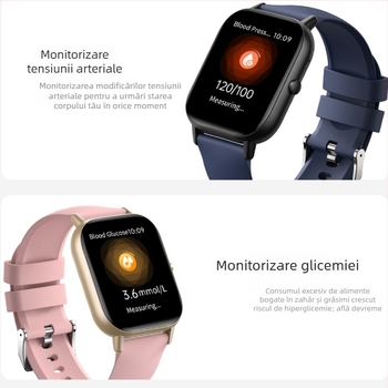 Ceas inteligent cu conectivitate Bluetooth, monitorizare ritm cardiac, glicemie, tensiune arterială și monitorizare a somnului.