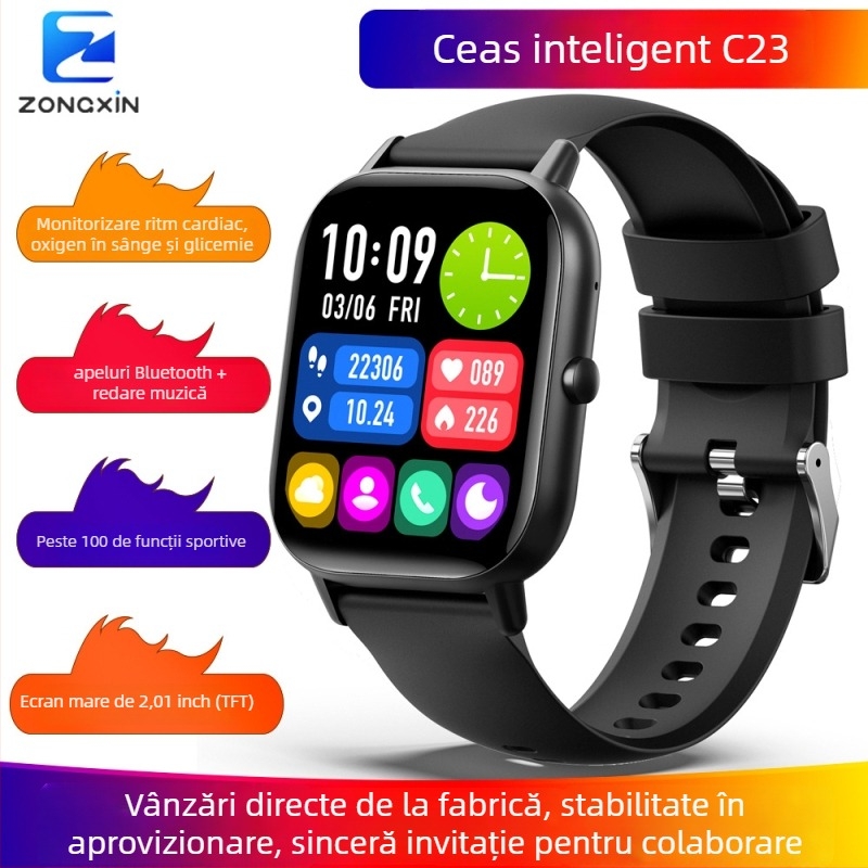Ceas inteligent cu conectivitate Bluetooth, monitorizare ritm cardiac, glicemie, tensiune arterială și monitorizare a somnului.