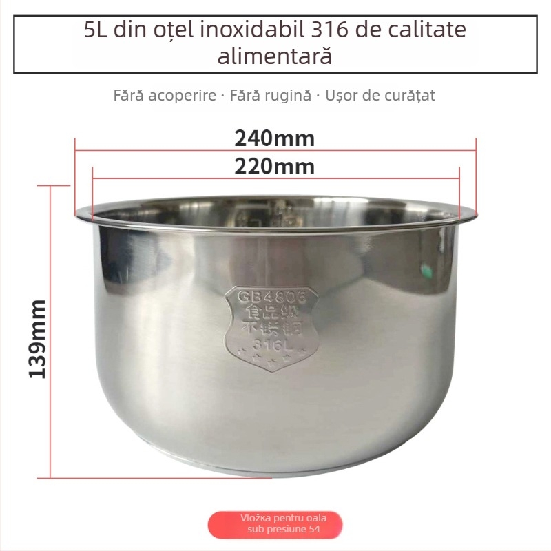 Oală electrică sub presiune cu liner din oțel inoxidabil 316; funcții multiple pentru orez, carne, supă și chec la abur; capac din oțel inoxidabil cu inel metalic și garnitură din silicon