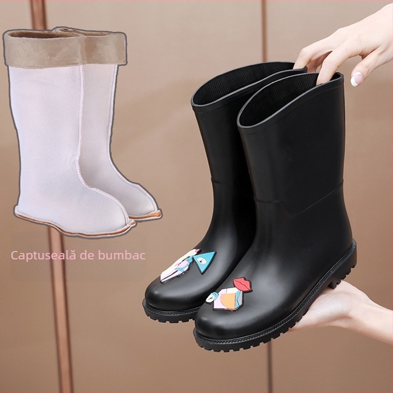 Cizme de ploaie pentru femei, până la mijlocul gambei, vârf PVC, toc jos 1-3 cm, model abstract, pentru toate anotimpurile