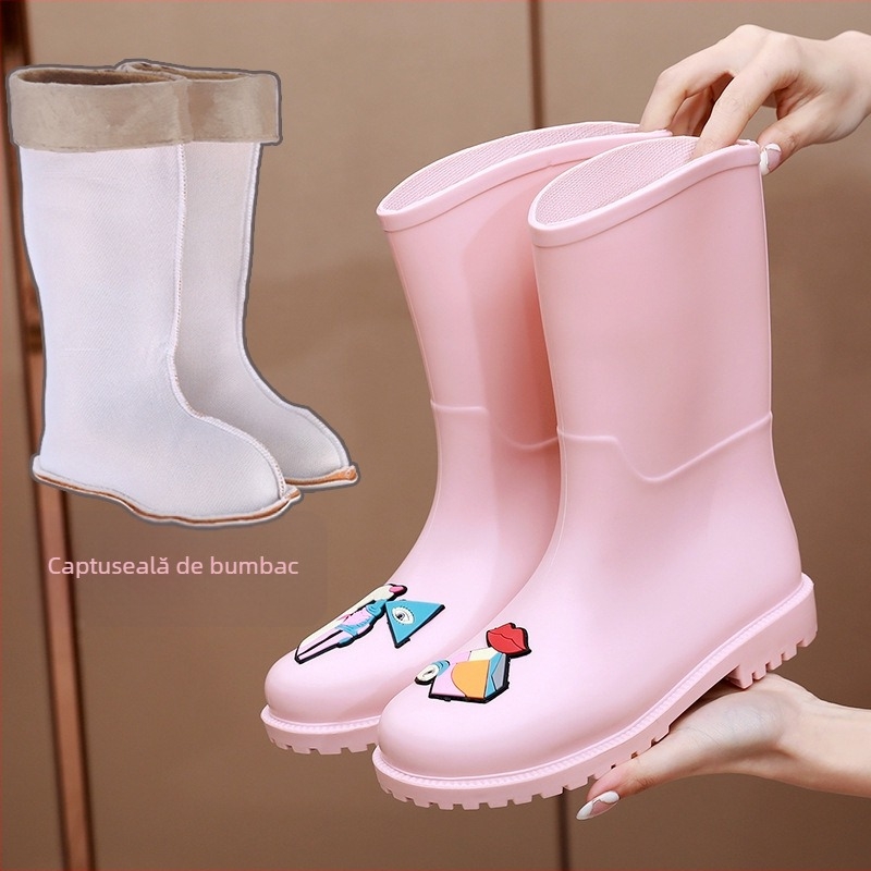 Cizme de ploaie pentru femei, până la mijlocul gambei, vârf PVC, toc jos 1-3 cm, model abstract, pentru toate anotimpurile