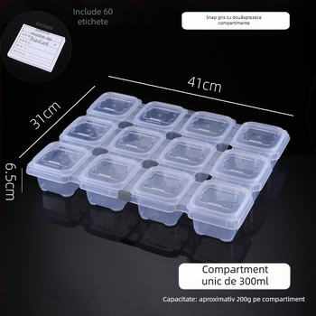 Cutie de probă din plastic cu 12 compartimente pentru cantine, pătrat, compatibil cu cuptorul cu microunde, capacitate sub 300 ml, cu logo tipărit