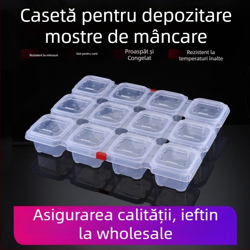 Cutie de probă din plastic cu 12 compartimente pentru cantine, pătrat, compatibil cu cuptorul cu microunde, capacitate sub 300 ml, cu logo tipărit