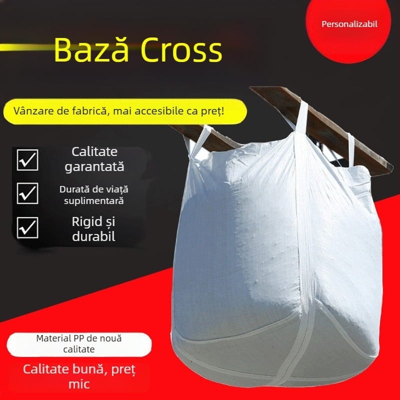 Sac bulk PP țesut, cu fund plat deschis și susținere încrucișată la bază, capacitate 2–100 tone, pentru nisip, piatră, deșeuri de construcții, fier și accesorii