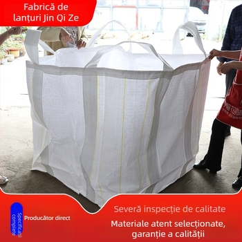 Sac bulk din poliester țesut cu margine groasă, bază încrucișată întărită și patru inele de ridicare pentru ridicare echilibrată; rezistent la abraziune