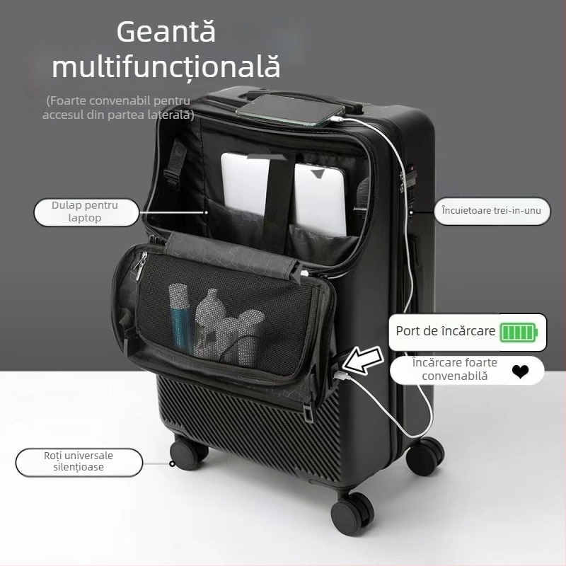 Bagaj USB cu deschidere frontală, ABS+PC, roți universale, lacăt cu cod