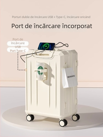 Valiză de călătorie multifuncțională de 26 inch, cu capacitate mare și 20 inch cabină; corp ABS+PC, impermeabil, ultra-ușoară, rezistentă la uzură, închidere cu parolă TSA, port USB, strat extensibil, roți universale, model în dungi, căptușeală poliester