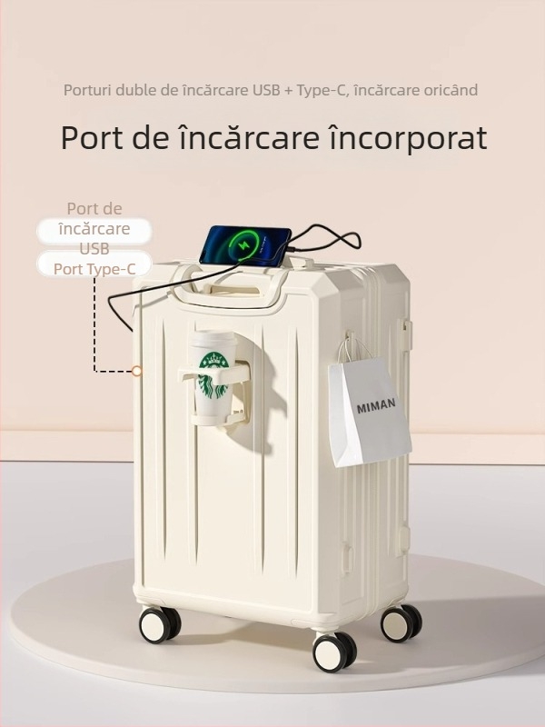 Valiză de călătorie multifuncțională de 26 inch, cu capacitate mare și 20 inch cabină; corp ABS+PC, impermeabil, ultra-ușoară, rezistentă la uzură, închidere cu parolă TSA, port USB, strat extensibil, roți universale, model în dungi, căptușeală poliester