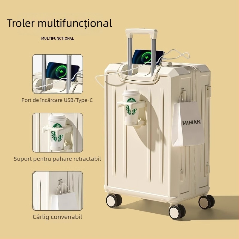 Valiză de călătorie multifuncțională de 26 inch, cu capacitate mare și 20 inch cabină; corp ABS+PC, impermeabil, ultra-ușoară, rezistentă la uzură, închidere cu parolă TSA, port USB, strat extensibil, roți universale, model în dungi, căptușeală poliester
