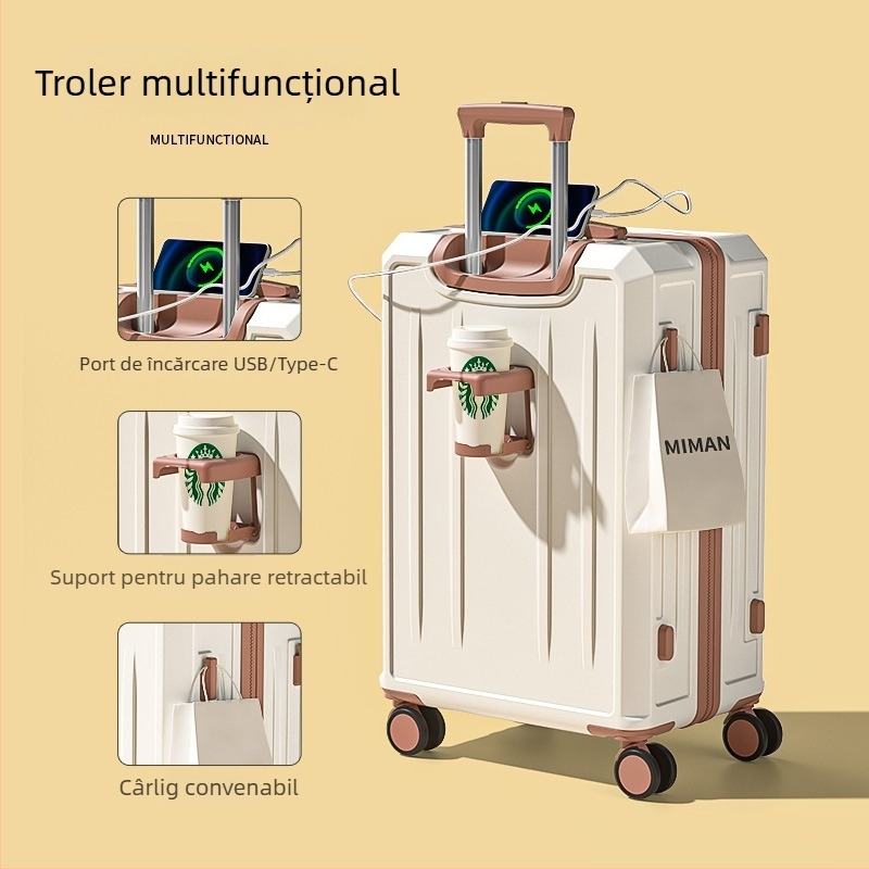 Valiză de călătorie multifuncțională de 26 inch, cu capacitate mare și 20 inch cabină; corp ABS+PC, impermeabil, ultra-ușoară, rezistentă la uzură, închidere cu parolă TSA, port USB, strat extensibil, roți universale, model în dungi, căptușeală poliester