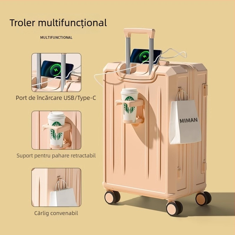 Valiză de călătorie multifuncțională de 26 inch, cu capacitate mare și 20 inch cabină; corp ABS+PC, impermeabil, ultra-ușoară, rezistentă la uzură, închidere cu parolă TSA, port USB, strat extensibil, roți universale, model în dungi, căptușeală poliester