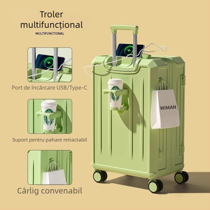 Valiză de călătorie multifuncțională de 26 inch, cu capacitate mare și 20 inch cabină; corp ABS+PC, impermeabil, ultra-ușoară, rezistentă la uzură, închidere cu parolă TSA, port USB, strat extensibil, roți universale, model în dungi, căptușeală poliester