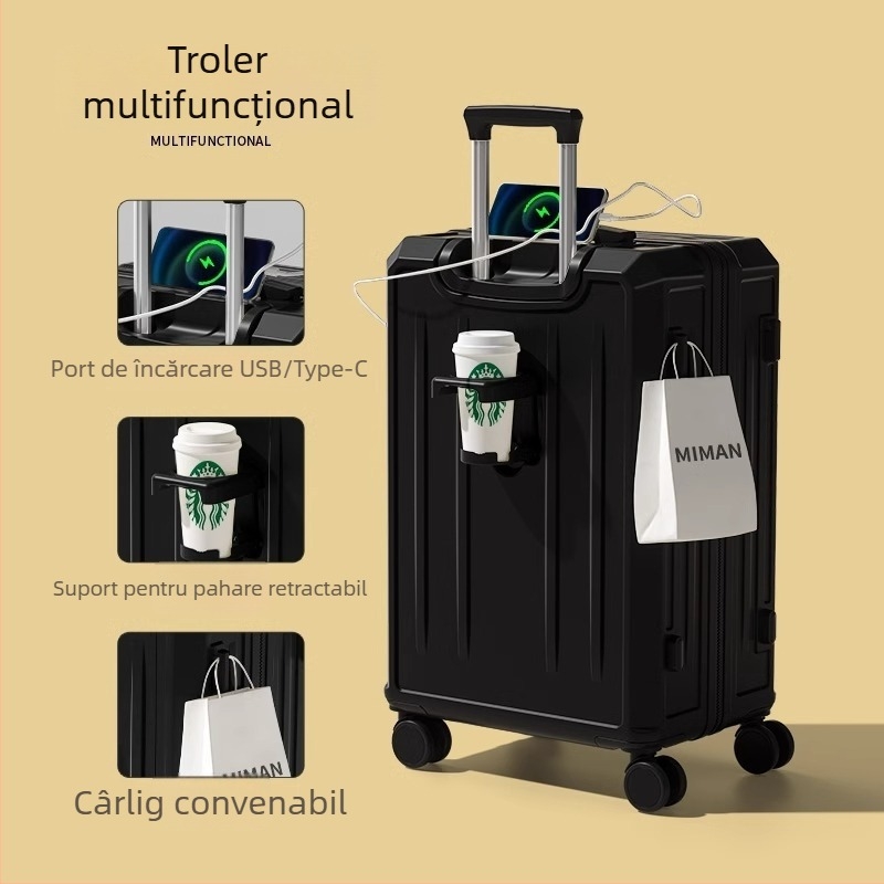 Valiză de călătorie multifuncțională de 26 inch, cu capacitate mare și 20 inch cabină; corp ABS+PC, impermeabil, ultra-ușoară, rezistentă la uzură, închidere cu parolă TSA, port USB, strat extensibil, roți universale, model în dungi, căptușeală poliester