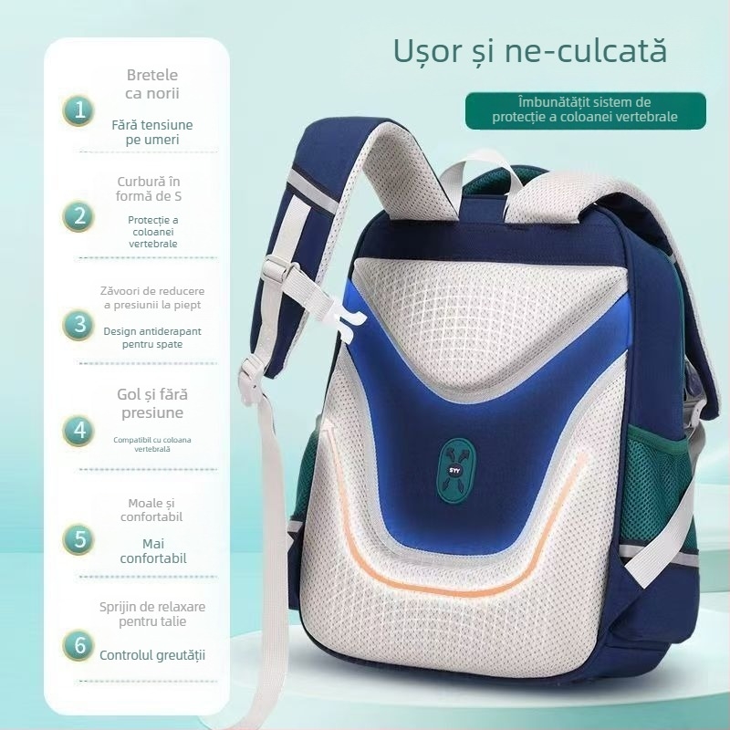 Rucsac școlar cu design desenat pentru clasele 1–6, ușor, cu capacitate mare și bretele ergonomice pentru susținerea coloanei vertebrale