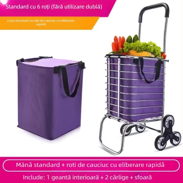 Cărucior de cumpărături pliabil din aliaj de aluminiu, portabil, cu 4 roți, cu funcție de urcare a treptelor