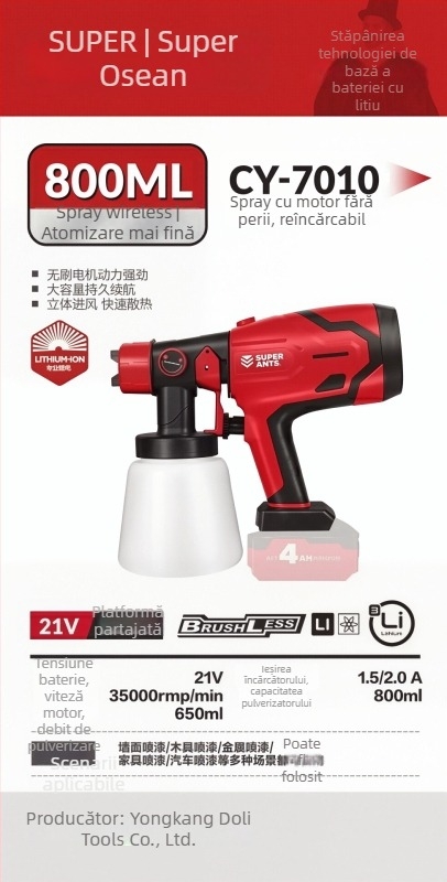 Pistol electric de vopsit pentru uz casnic, cu atomizare înaltă, dispozitiv all-in-one pentru vopsire latex (sursă de alimentare: baterie litiu reîncărcabilă, Tensiune nominală: 21, Domeniu de aplicare: perete, lemn, metal, Presiune de ieșire maximă: 1, Ca