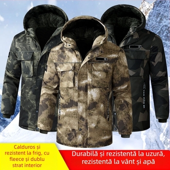 Jachetă bărbătească camuflată cu glugă — palton gros de iarnă, impermeabil și rezistent la vânt, fermoar pe față, lungime medie