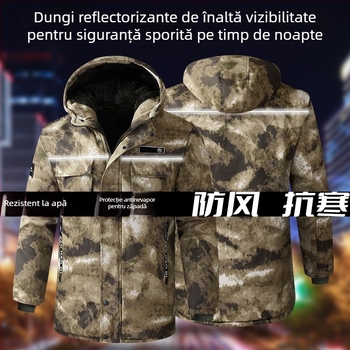 Jachetă bărbătească camuflată cu glugă — palton gros de iarnă, impermeabil și rezistent la vânt, fermoar pe față, lungime medie