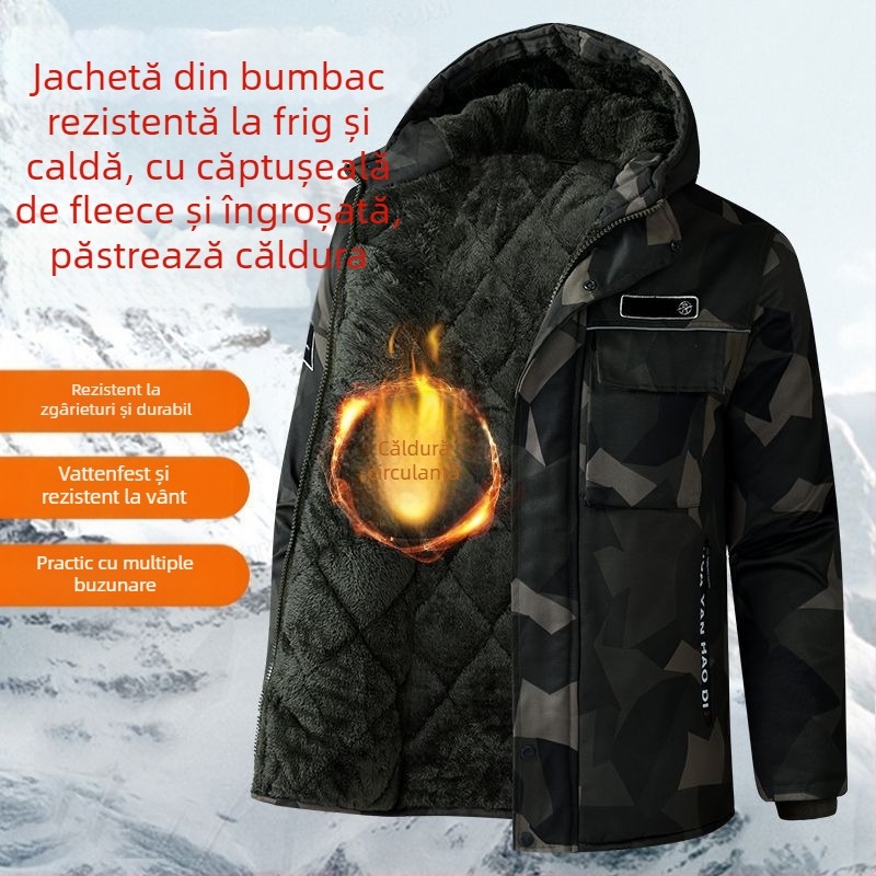 Jachetă bărbătească camuflată cu glugă — palton gros de iarnă, impermeabil și rezistent la vânt, fermoar pe față, lungime medie