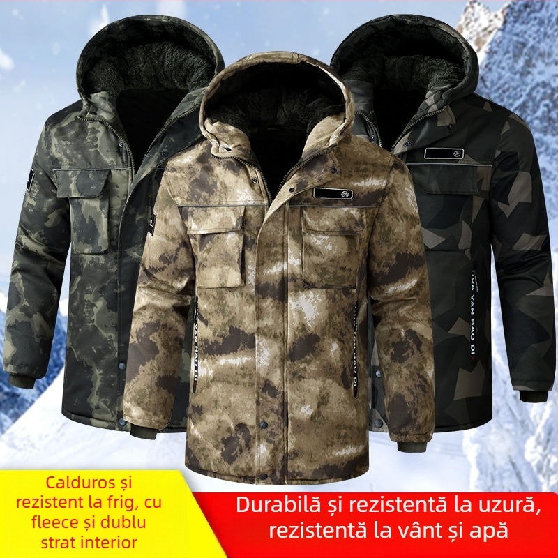 Jachetă bărbătească camuflată cu glugă — palton gros de iarnă, impermeabil și rezistent la vânt, fermoar pe față, lungime medie