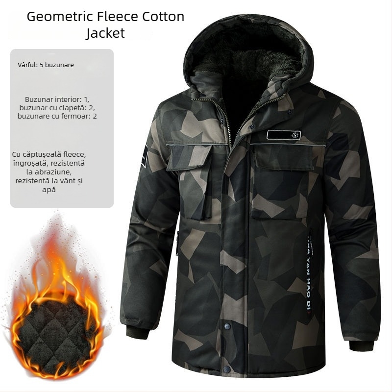 Jachetă bărbătească camuflată cu glugă — palton gros de iarnă, impermeabil și rezistent la vânt, fermoar pe față, lungime medie