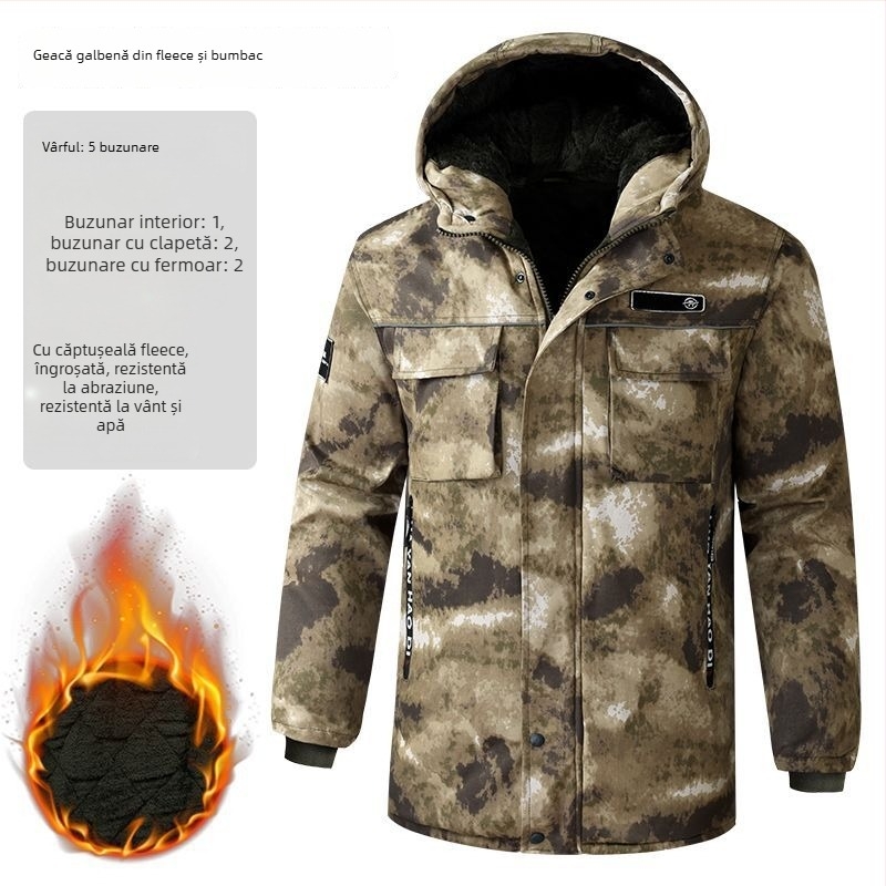 Jachetă bărbătească camuflată cu glugă — palton gros de iarnă, impermeabil și rezistent la vânt, fermoar pe față, lungime medie